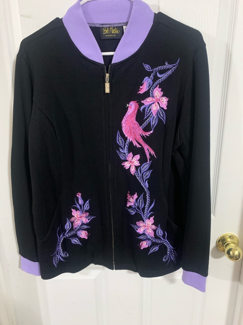 Bob Mackie Black Bomber Jacket with Lilac Trim and Pink Embroidery